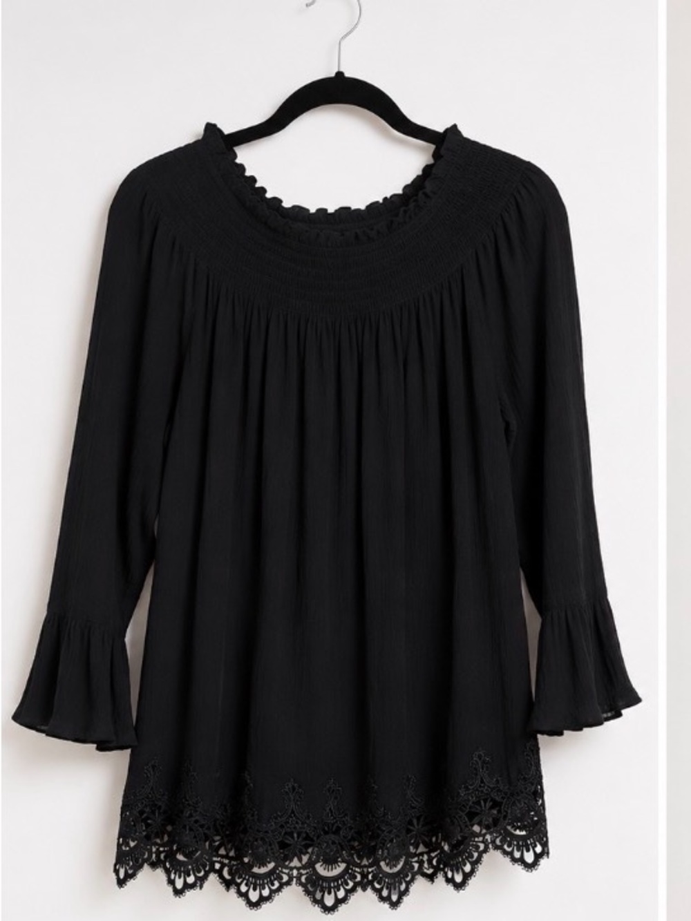 Smocked-Neck Black Crochet Hem Peasant Blouse
